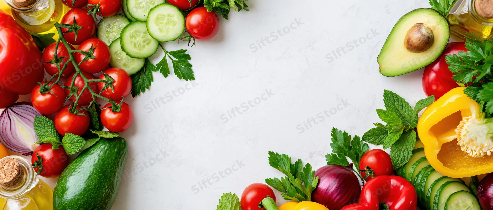 Fresh salad ingredients arranged as a border frame on white surface with copyspace