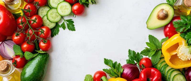 Fresh salad ingredients arranged as a border frame on white surface with copyspace
