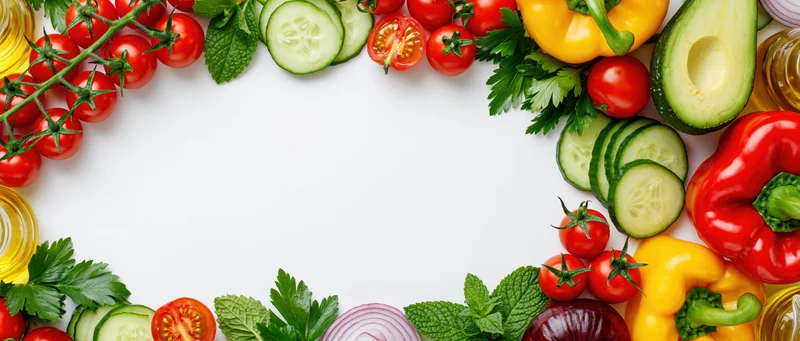 Fresh salad ingredients arranged as a border frame along the edges of a white surface
