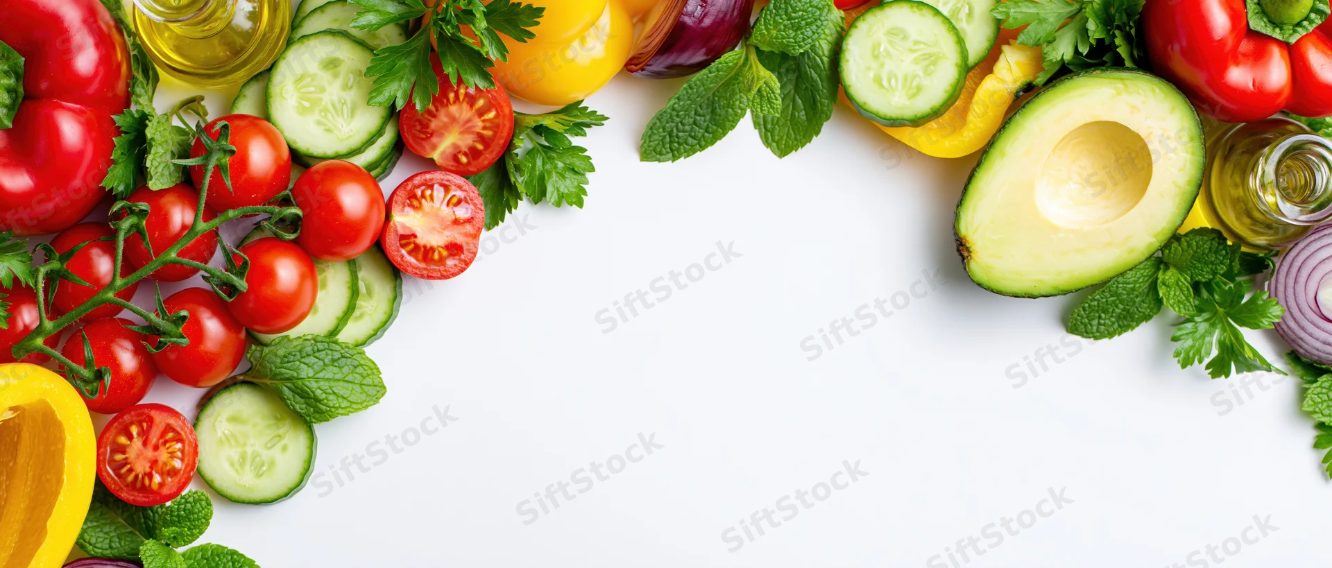 Fresh salad ingredients arranged as a border frame along the top and sides of a white surface with copyspace in the center