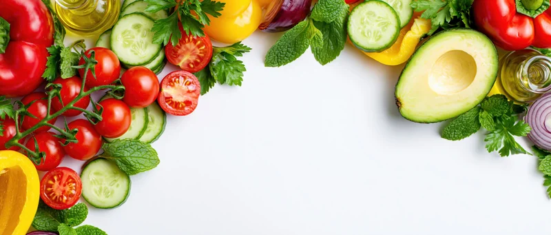 Fresh salad ingredients arranged as a border frame along the top and sides of a white surface with copyspace in the center