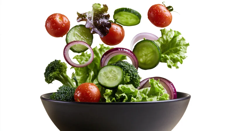 Fresh salad ingredients floating above a dark ceramic bowl
