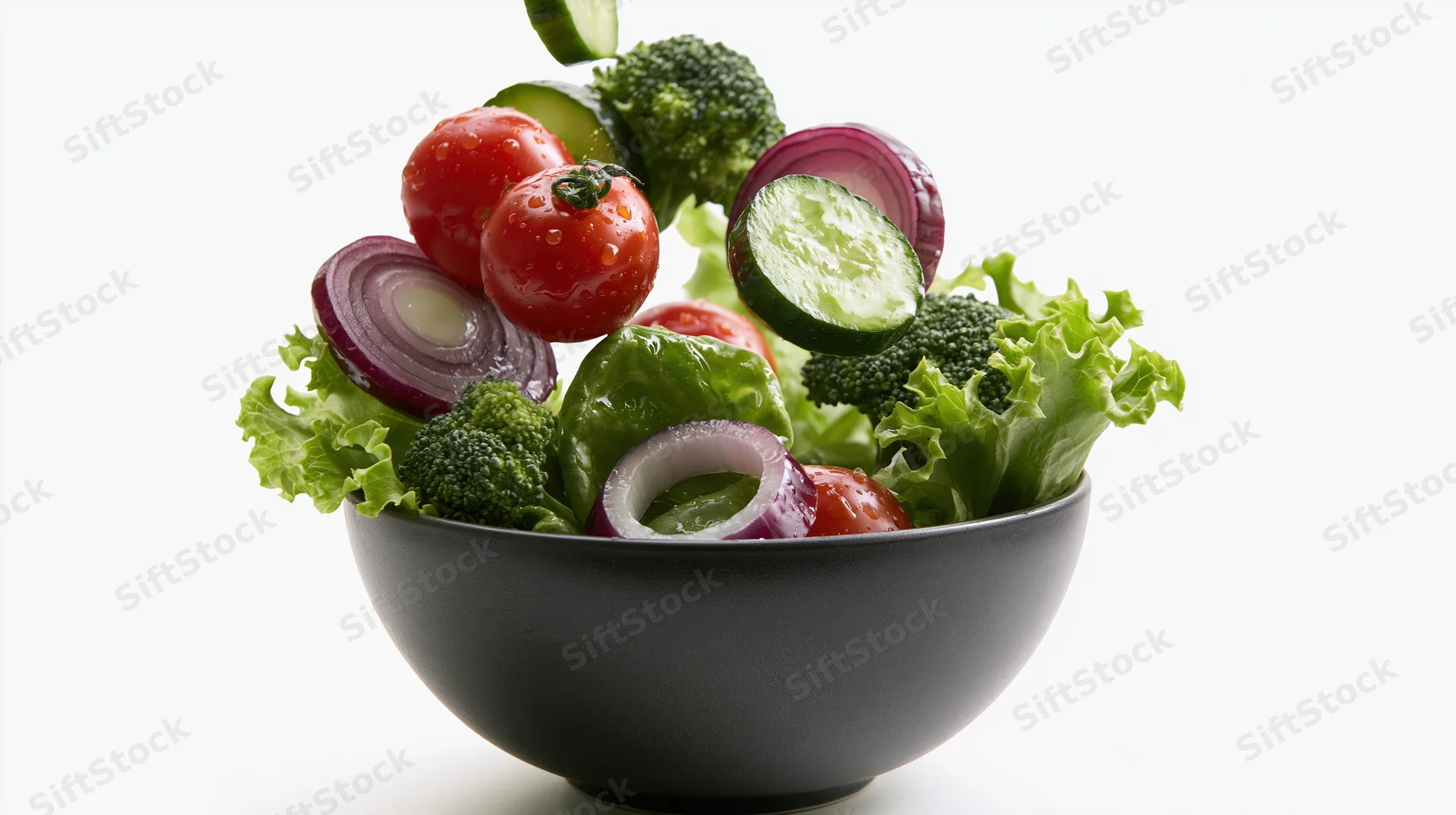 Fresh salad ingredients falling into a dark ceramic bowl against white background