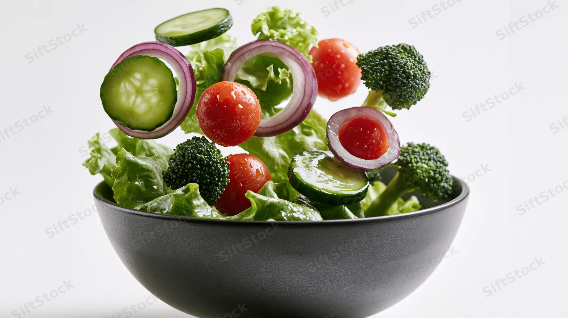 Fresh salad ingredients floating above a dark ceramic bowl on white background