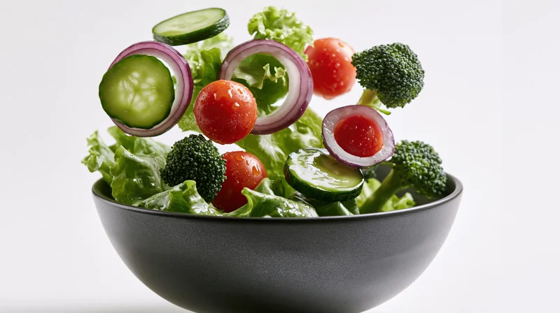 Fresh salad ingredients floating above a dark ceramic bowl on white background