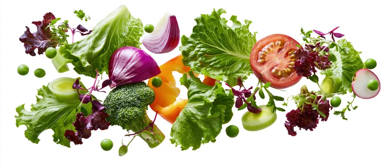 Fresh salad vegetables floating midair in dynamic spread across frame