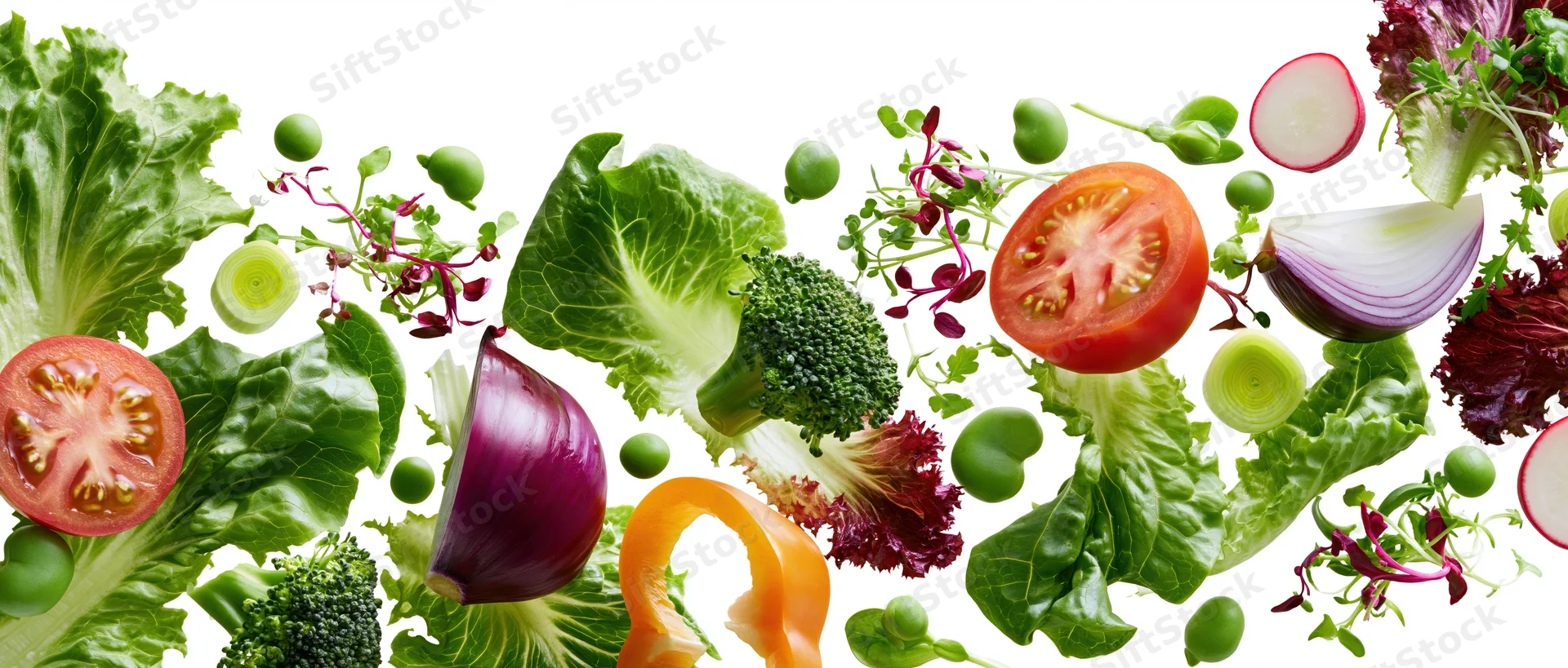 Fresh salad vegetables floating midair in dynamic spread across frame