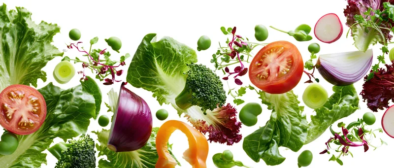 Fresh salad vegetables floating midair in dynamic spread across frame