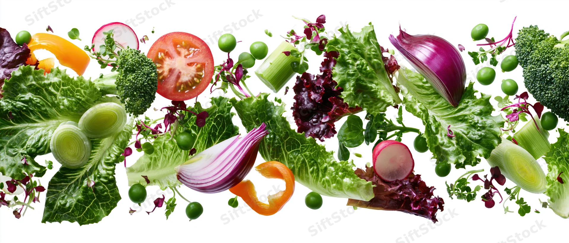 Fresh salad vegetables floating midair in dynamic spread across white background