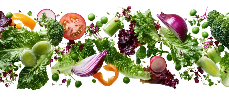 Fresh salad vegetables floating midair in dynamic spread across white background