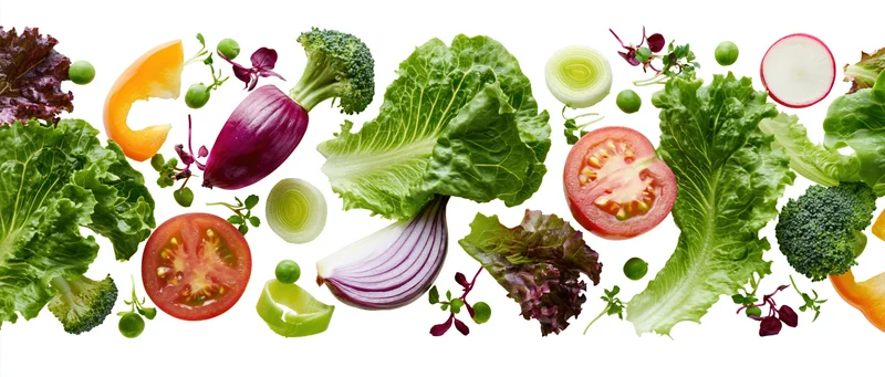 Fresh salad vegetables arranged in mid-air spread across white background