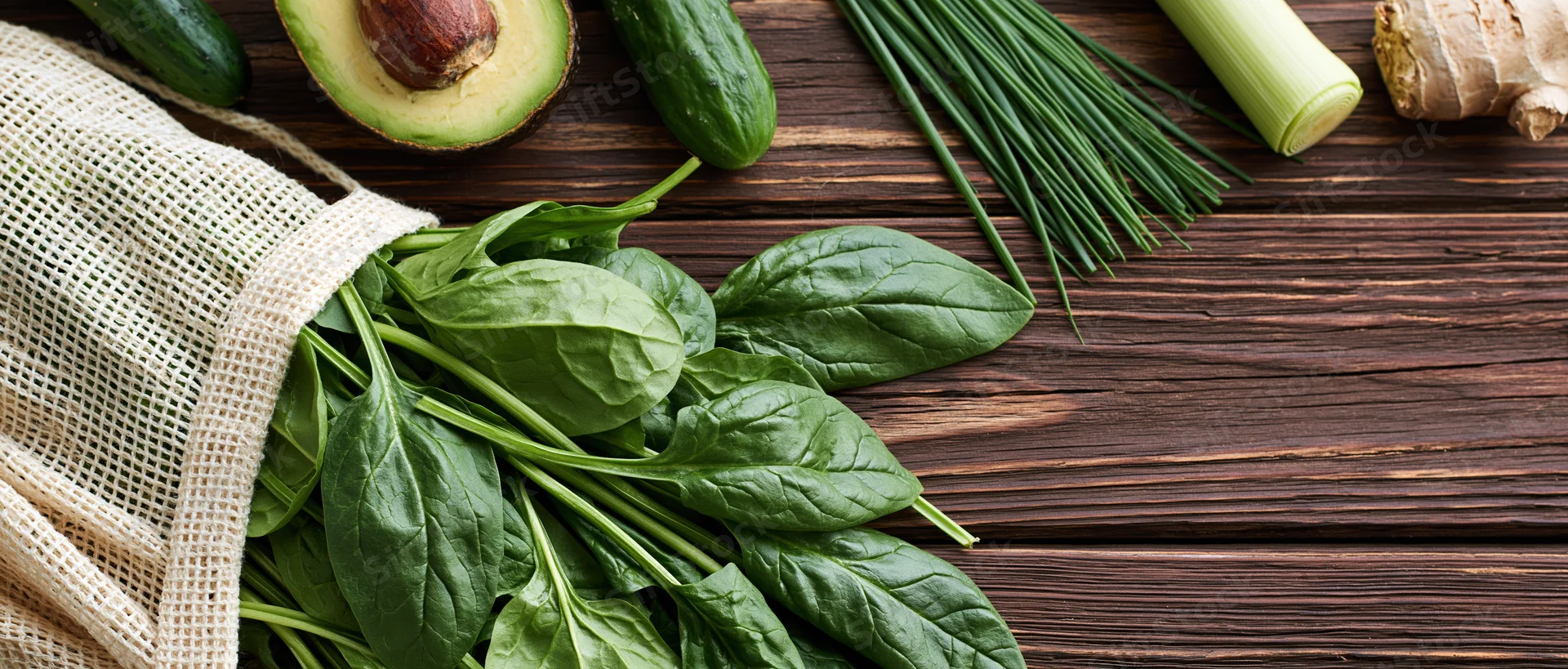Fresh spinach leaves spilling from a cotton mesh bag onto a wooden table with other vegetables