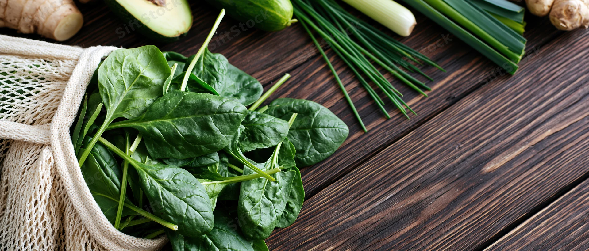 Fresh spinach leaves spilling from a cotton mesh bag on a wooden table with other vegetables