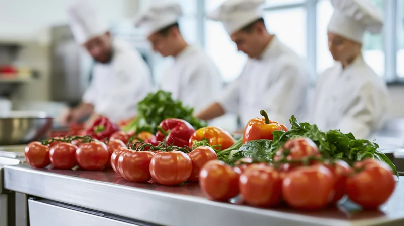 Fresh tomatoes peppers and leafy greens on a stainless steel countertop with chefs working in the background