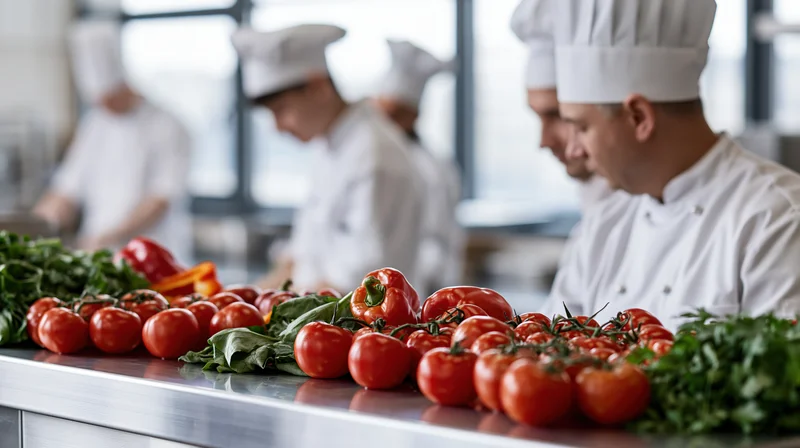 Chefs preparing fresh vegetables on a stainless steel counter in a professional kitchen