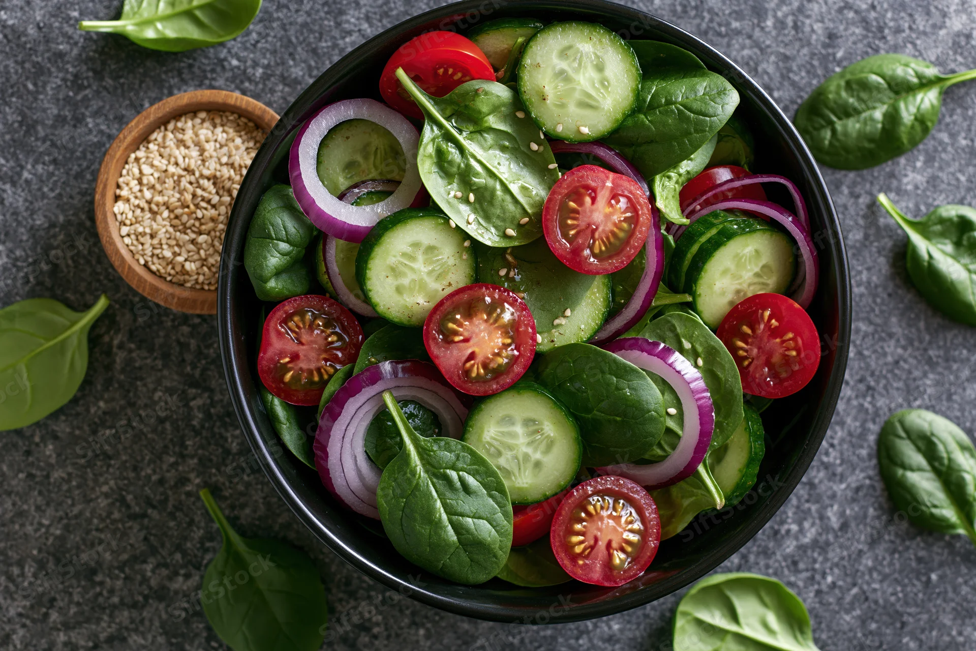 Fresh vegetable salad with spinach, cucumber, tomato, and red onion in a black ceramic bowl on a gray stone surface, overhead view