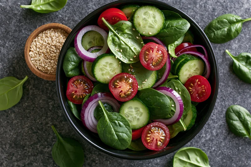 Fresh vegetable salad with spinach, cucumber, tomato, and red onion in a black ceramic bowl on a gray stone surface, overhead view