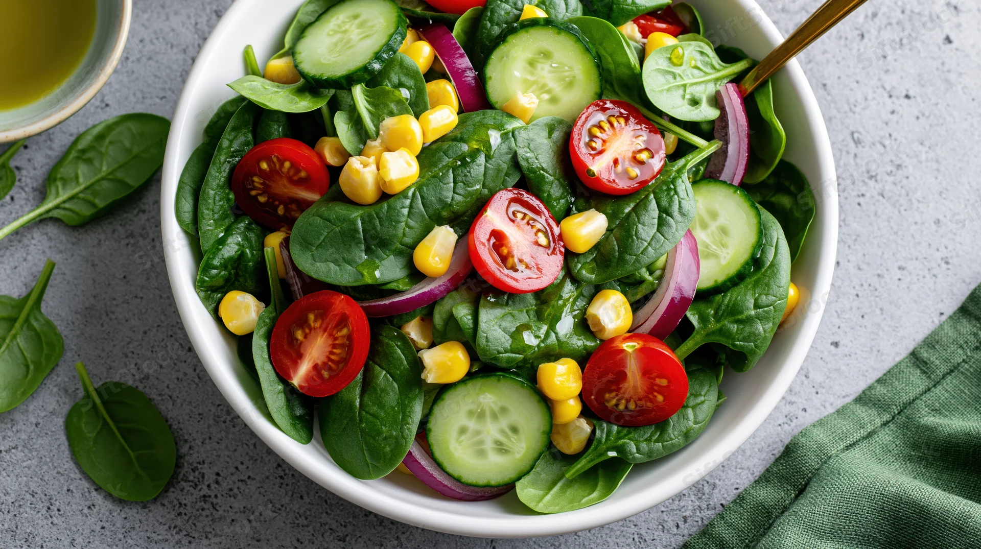 Fresh vegetable salad with spinach, tomatoes, cucumbers and corn in a white ceramic bowl on a gray countertop