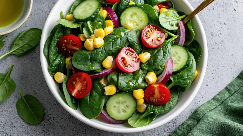 Fresh vegetable salad with spinach, tomatoes, cucumbers and corn in a white ceramic bowl on a gray countertop