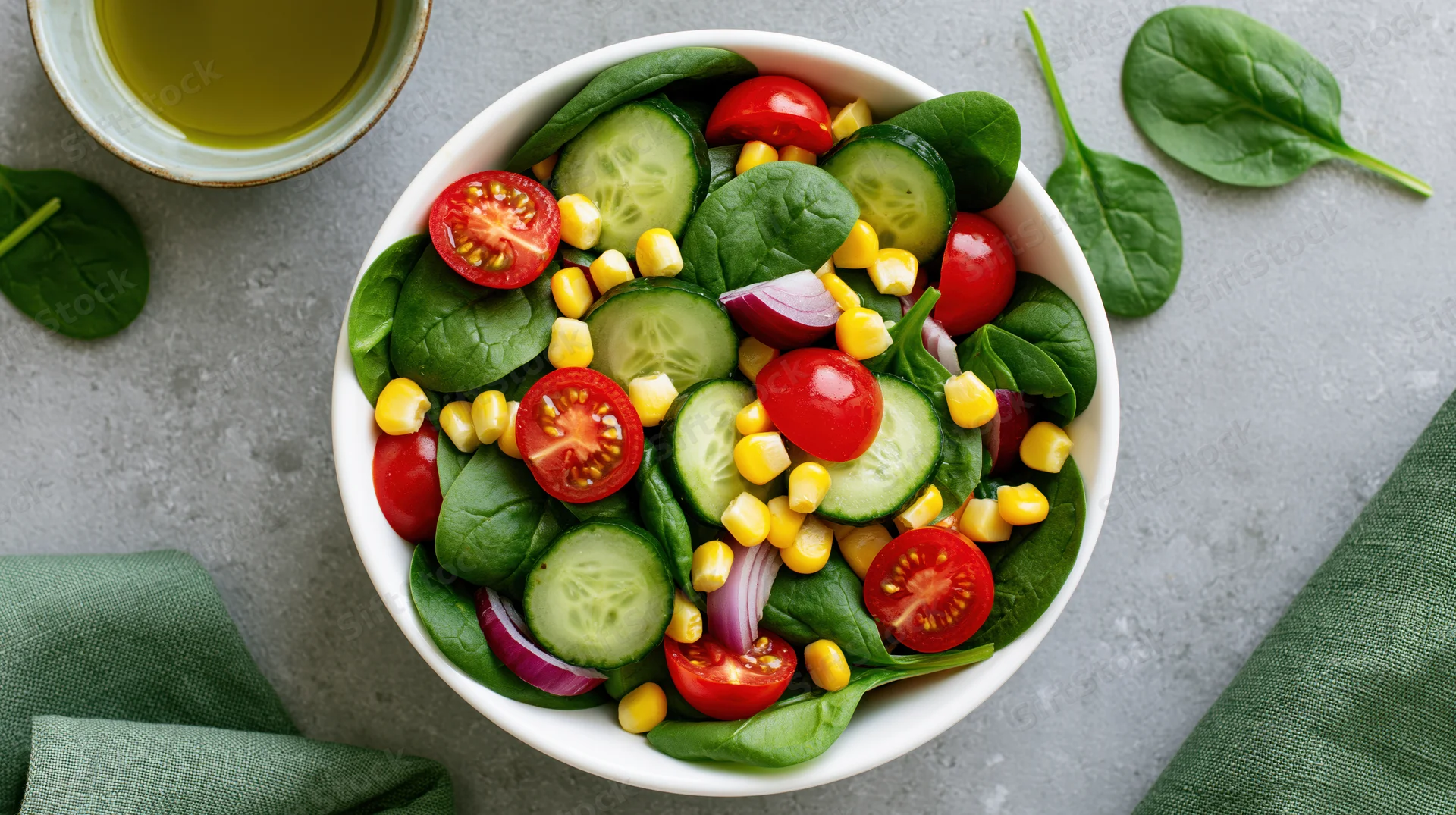 Fresh vegetable salad in a white ceramic bowl with spinach, cucumber, tomato, corn and red onion on a gray countertop