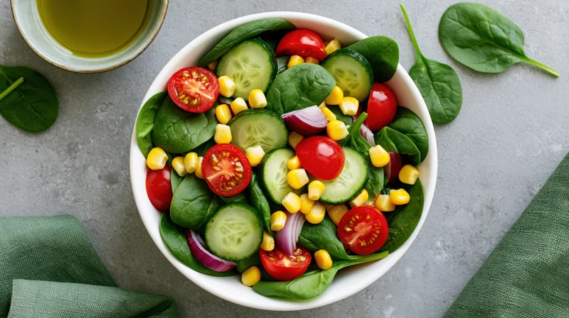 Fresh vegetable salad in a white ceramic bowl with spinach, cucumber, tomato, corn and red onion on a gray countertop