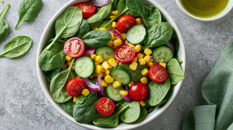 Fresh vegetable salad with spinach, tomatoes, cucumbers and corn in a white ceramic bowl on a gray countertop