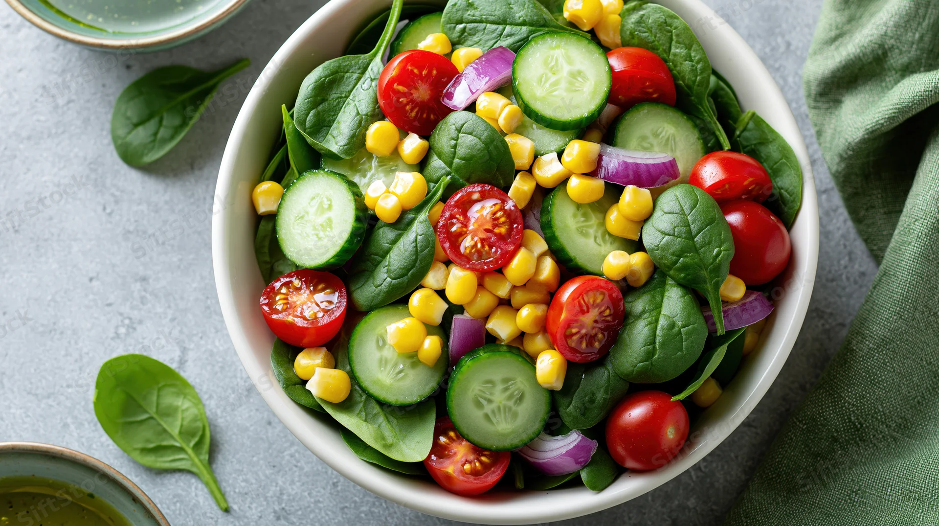 Fresh vegetable salad in a white ceramic bowl on a gray countertop with scattered greens and dressing bowls nearby