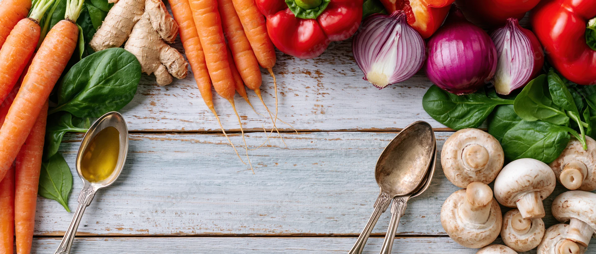 Fresh vegetables and cooking spoons arranged in a flat lay on a rustic wooden surface