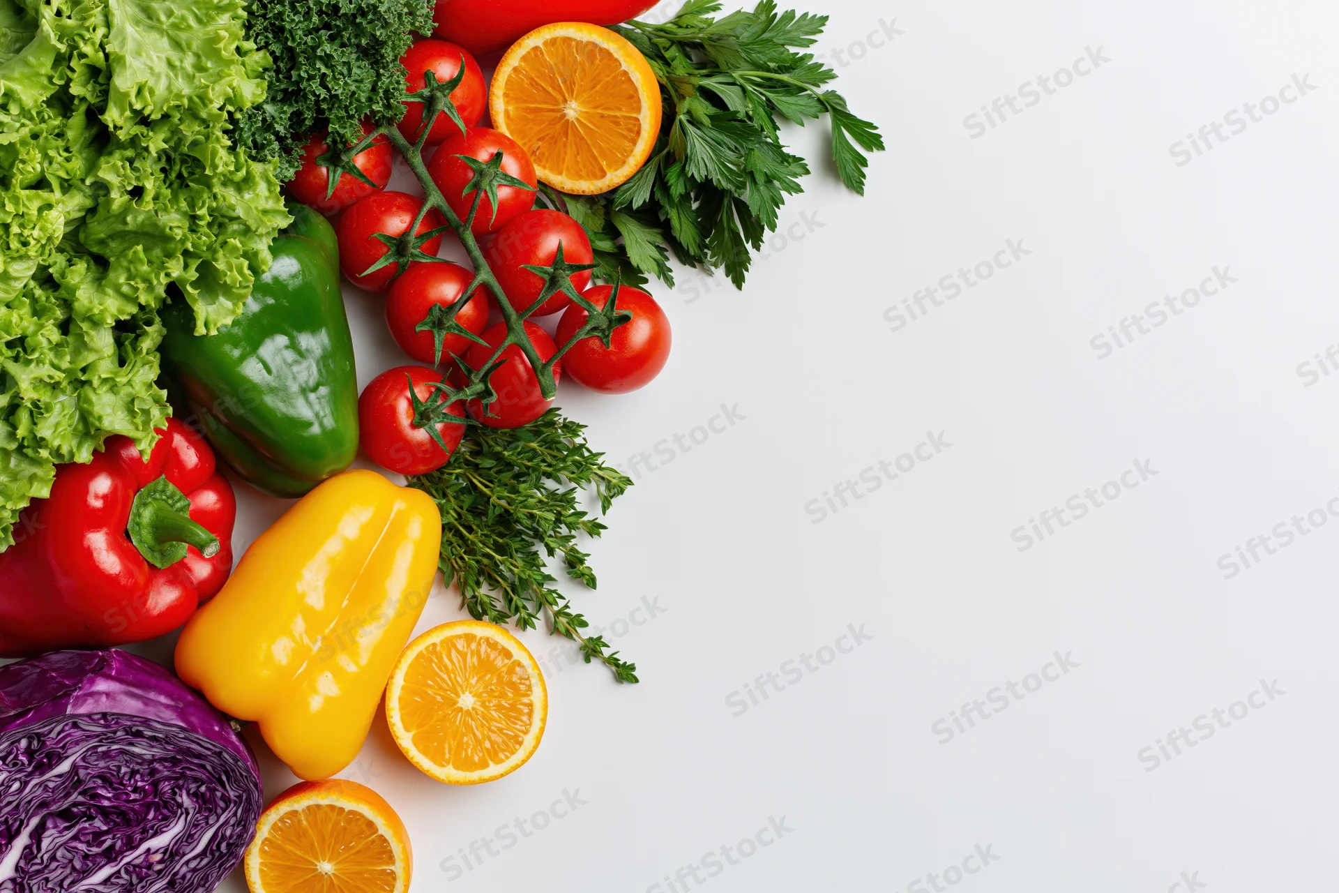 Fresh vegetables and fruits arranged along the left side on a white surface