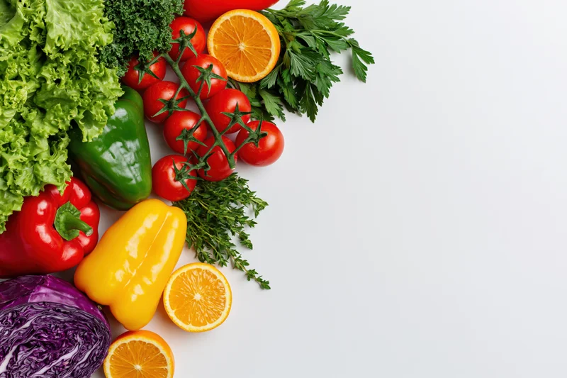 Fresh vegetables and fruits arranged along the left side on a white surface