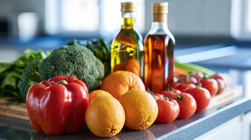 Fresh vegetables and fruits arranged on a modern kitchen countertop