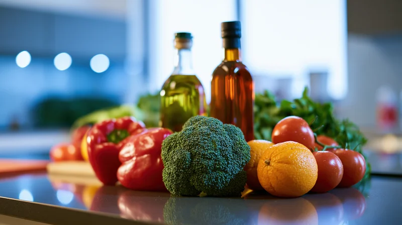 Fresh vegetables and fruits arranged on a modern kitchen countertop with olive oil and vinegar bottles
