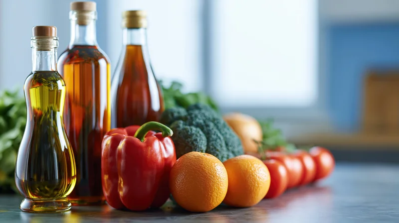 Fresh vegetables and fruits arranged on a modern kitchen countertop