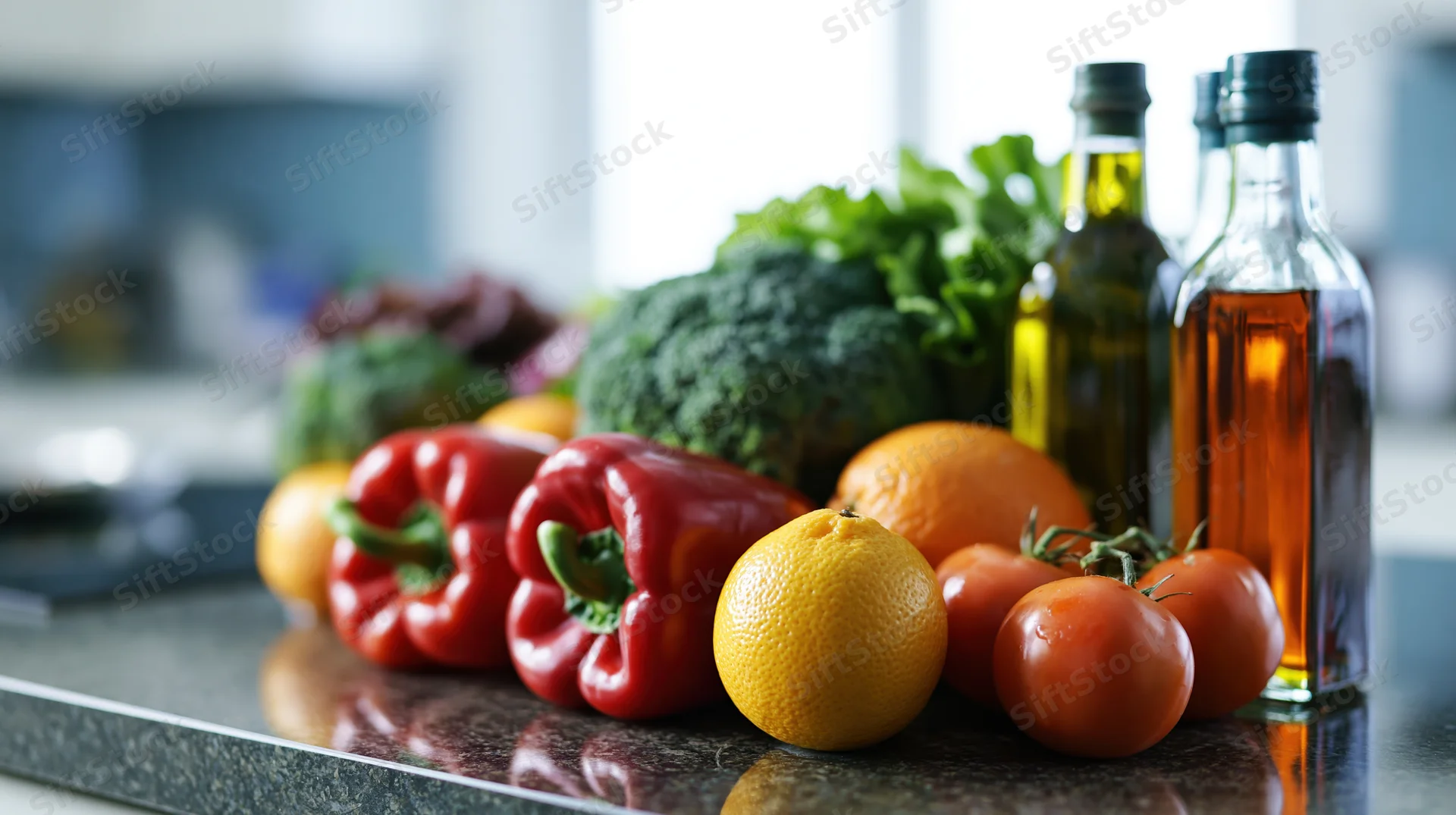 Fresh vegetables and fruits arranged on a modern kitchen countertop