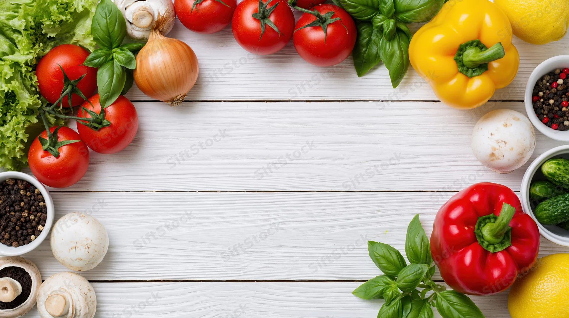Fresh vegetables and herbs arranged in a border frame around a white wooden table with copyspace in center