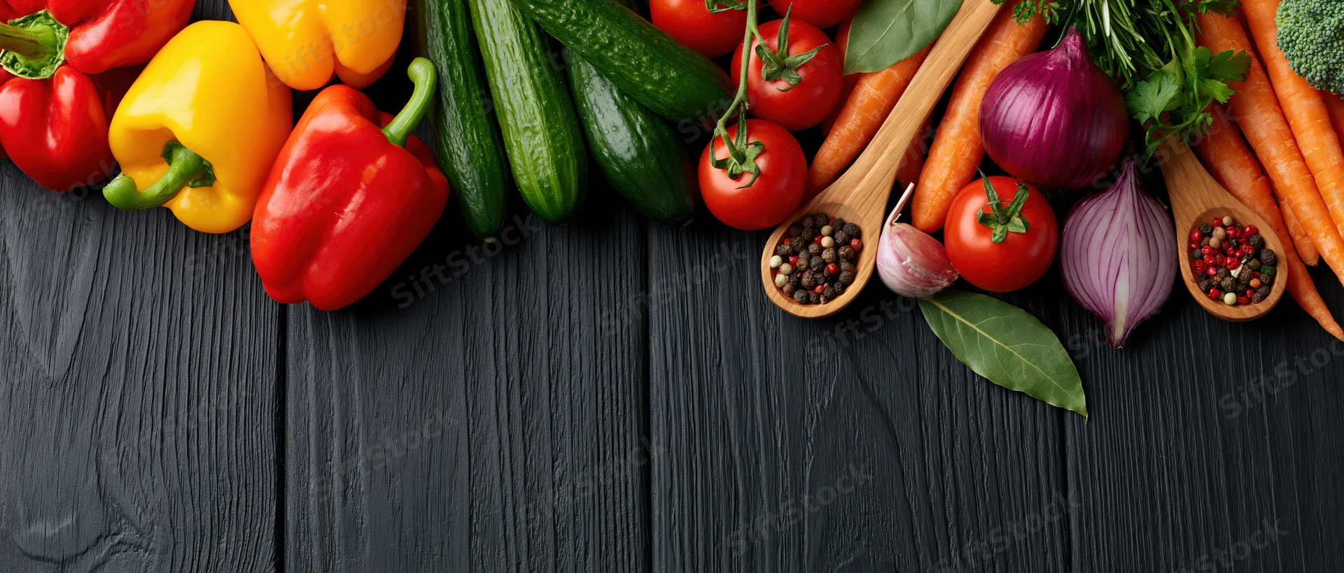 Fresh vegetables and spices arranged along the right edge of a black wooden surface with copyspace below