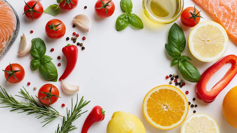 Fresh vegetables herbs and ingredients arranged in a loose circle on white surface with copyspace