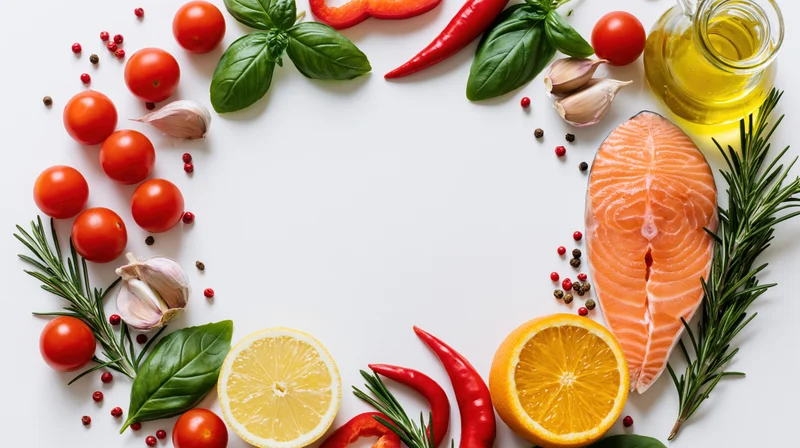 Salmon fillet and fresh vegetables herbs arranged in a loose circle on white surface with copyspace