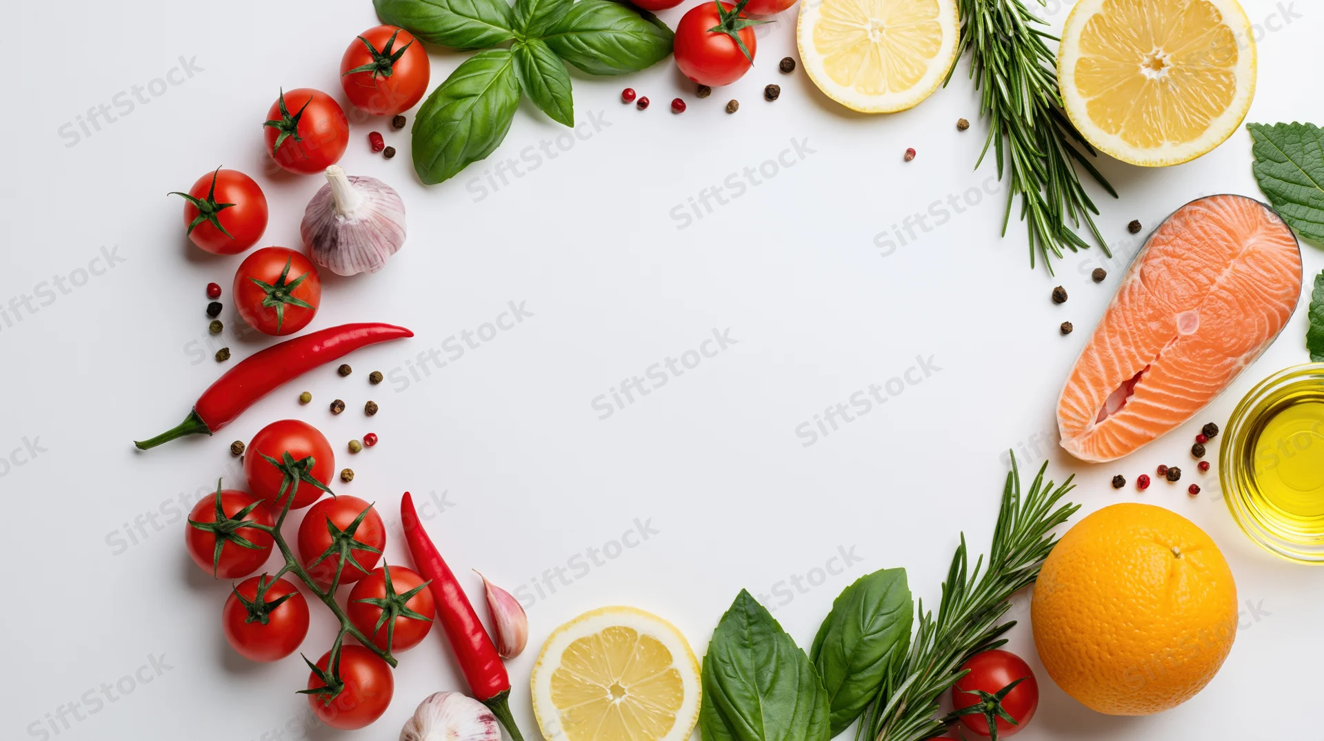 Fresh vegetables herbs and ingredients arranged in a loose circle on white surface with copyspace