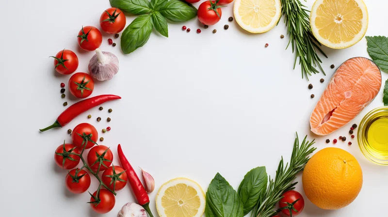 Fresh vegetables herbs and ingredients arranged in a loose circle on white surface with copyspace