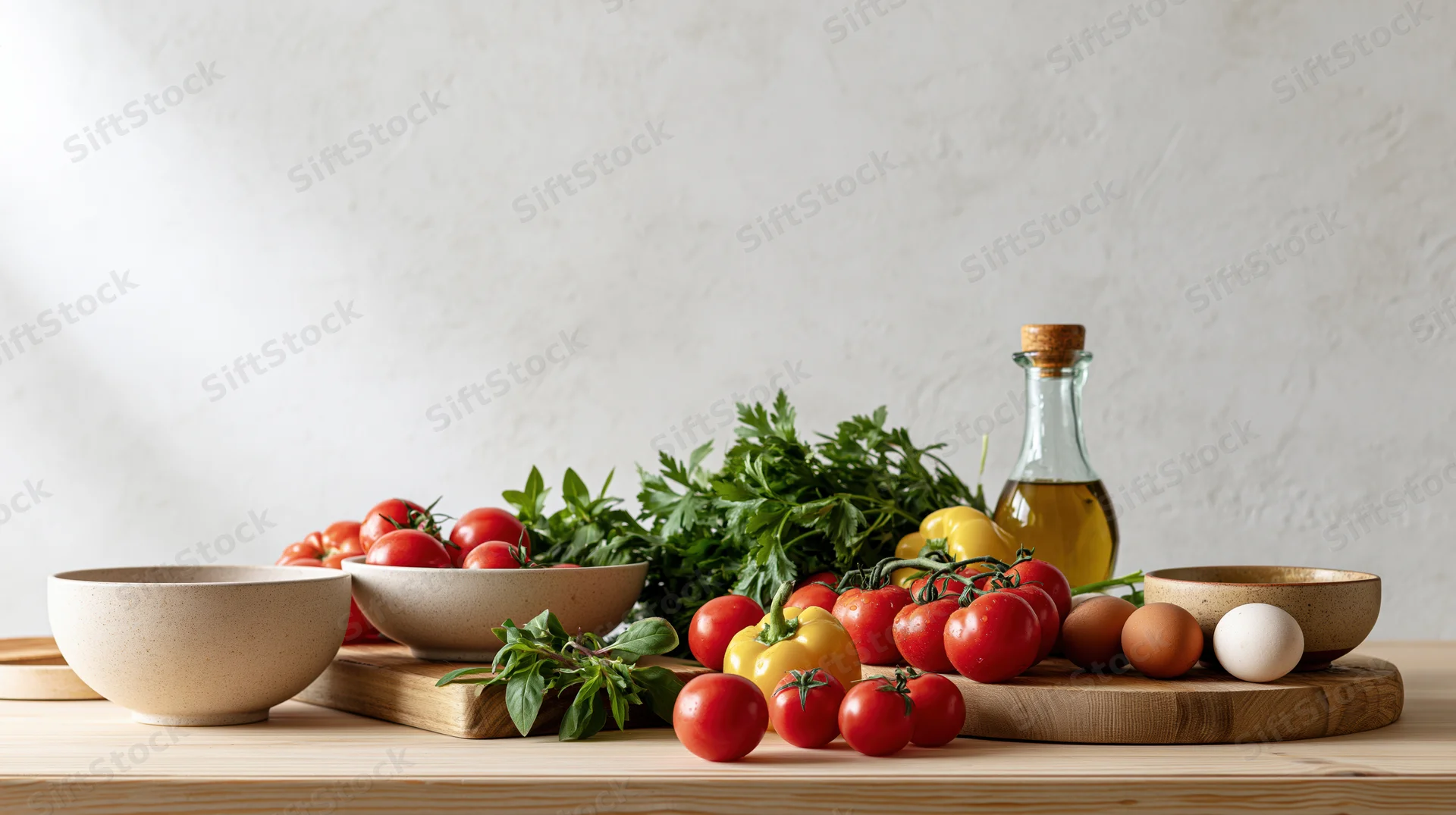 Fresh vegetables herbs eggs and oil bottle arranged on wooden cutting board on kitchen countertop