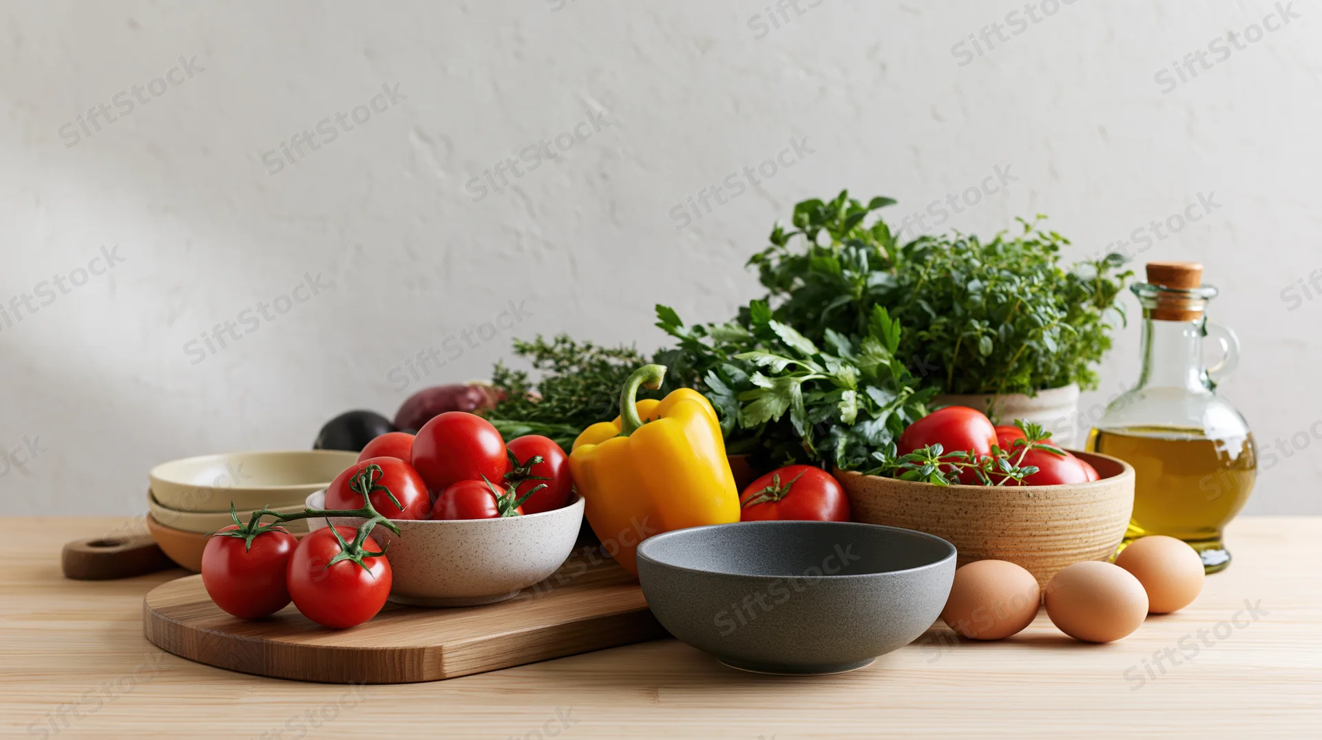 Fresh vegetables herbs eggs and oil arranged on a wooden kitchen countertop