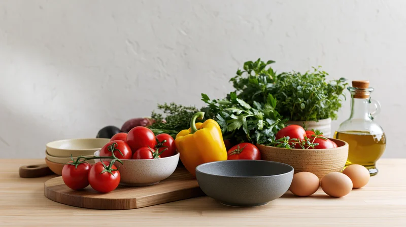 Fresh vegetables herbs eggs and oil arranged on a wooden kitchen countertop