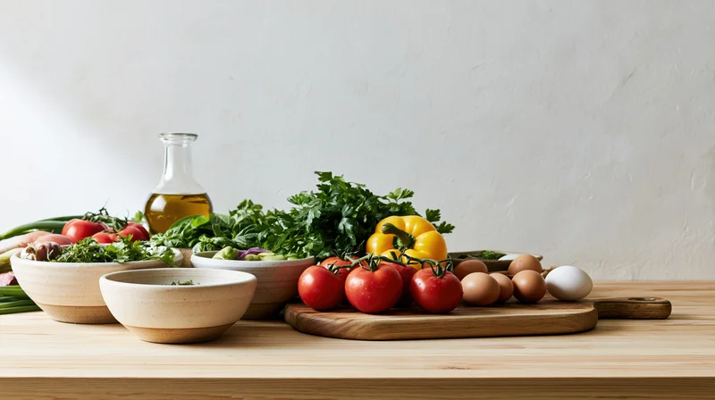 Fresh vegetables herbs eggs and oil bottle arranged on wooden countertop for cooking