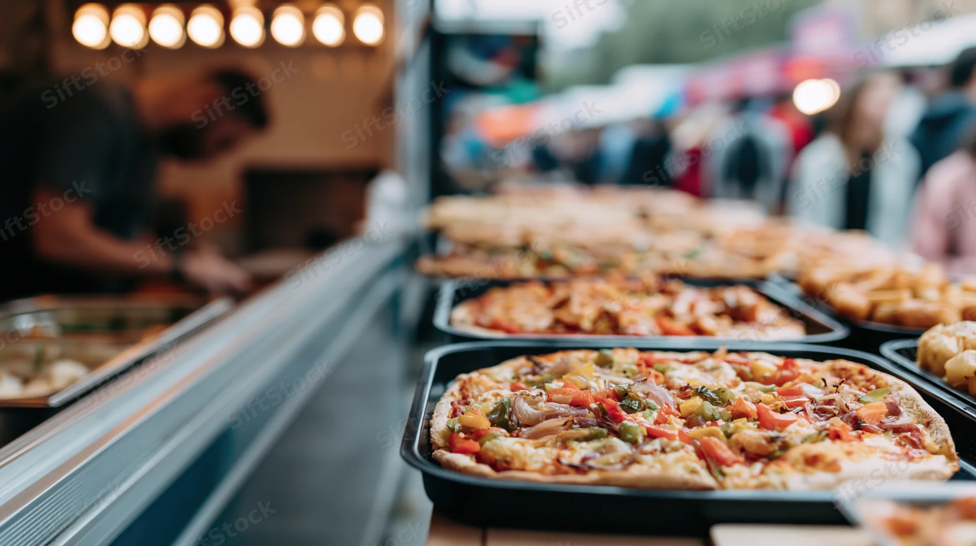 Pizzas and snacks arranged on a counter ledge at a food truck event