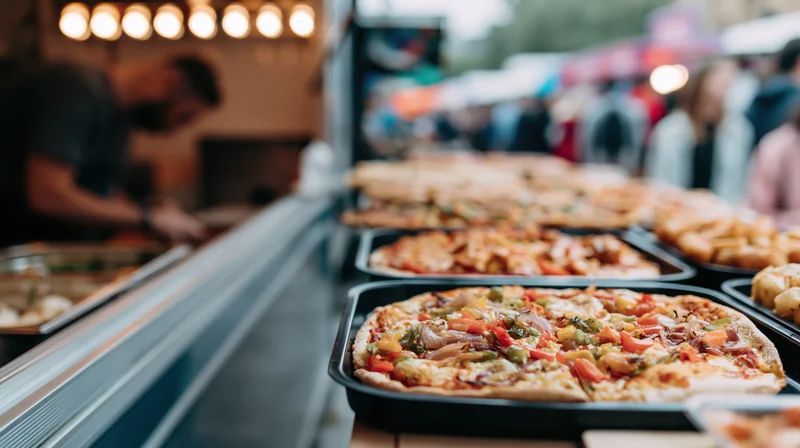 Pizzas and snacks arranged on a counter ledge at a food truck event