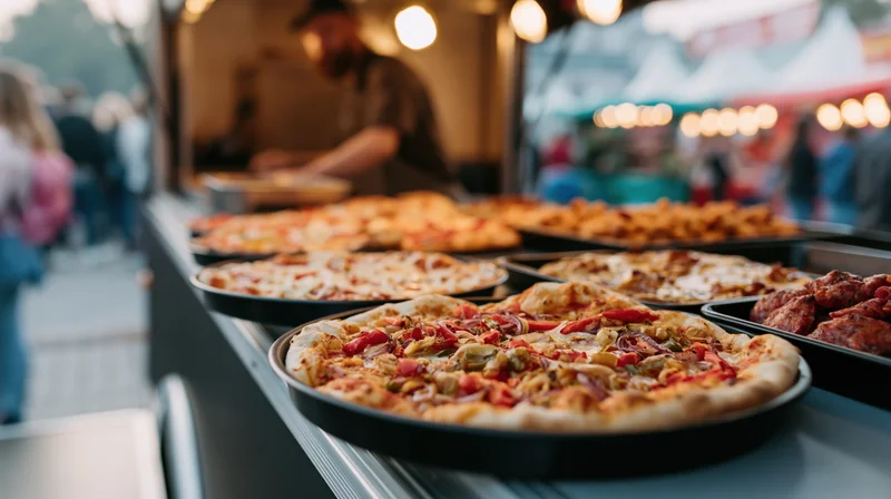Freshly baked pizzas and snacks arranged on a counter ledge at an outdoor food market