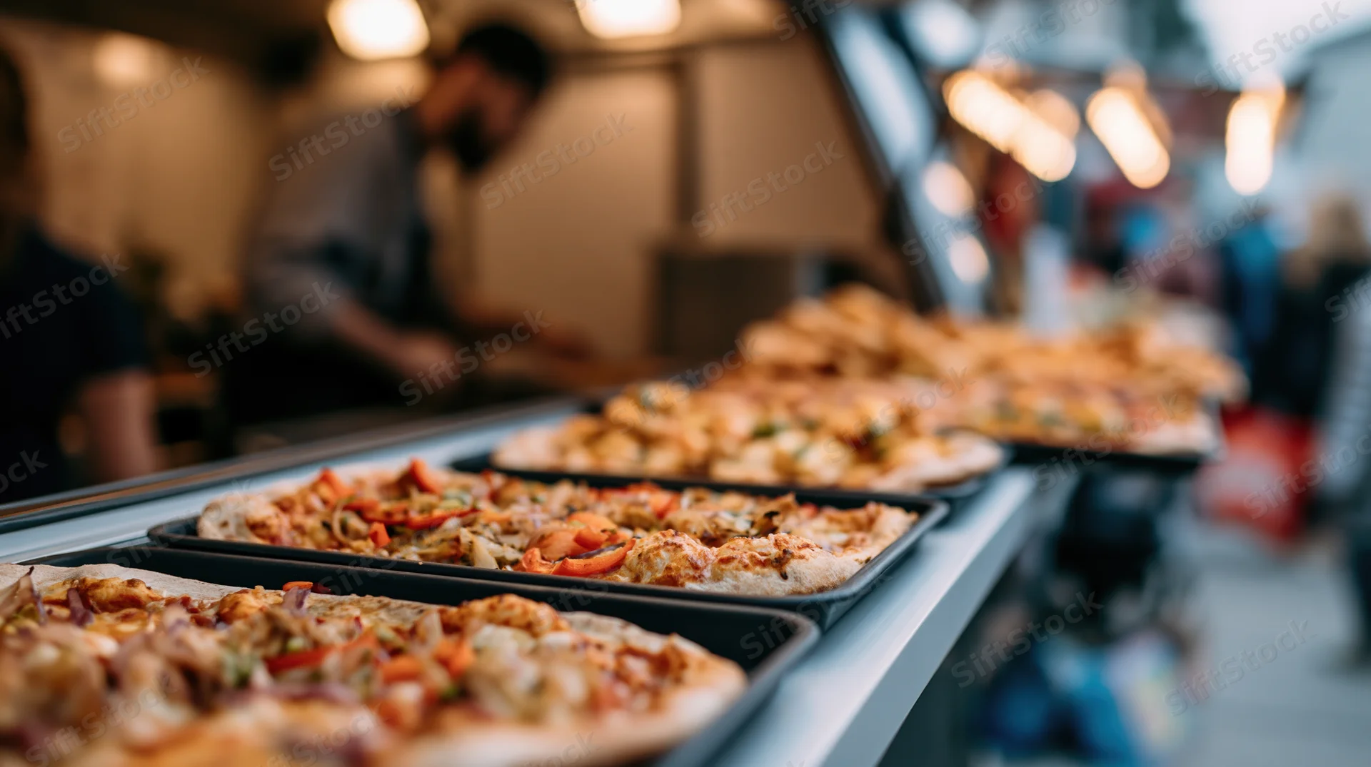 Pizzas with toppings arranged on trays along a counter ledge in a food service setting