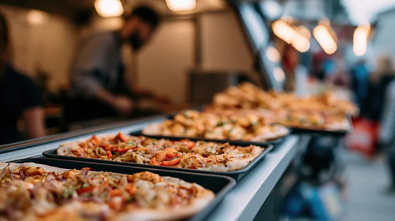 Freshly made pizzas and snacks displayed on the counter ledge