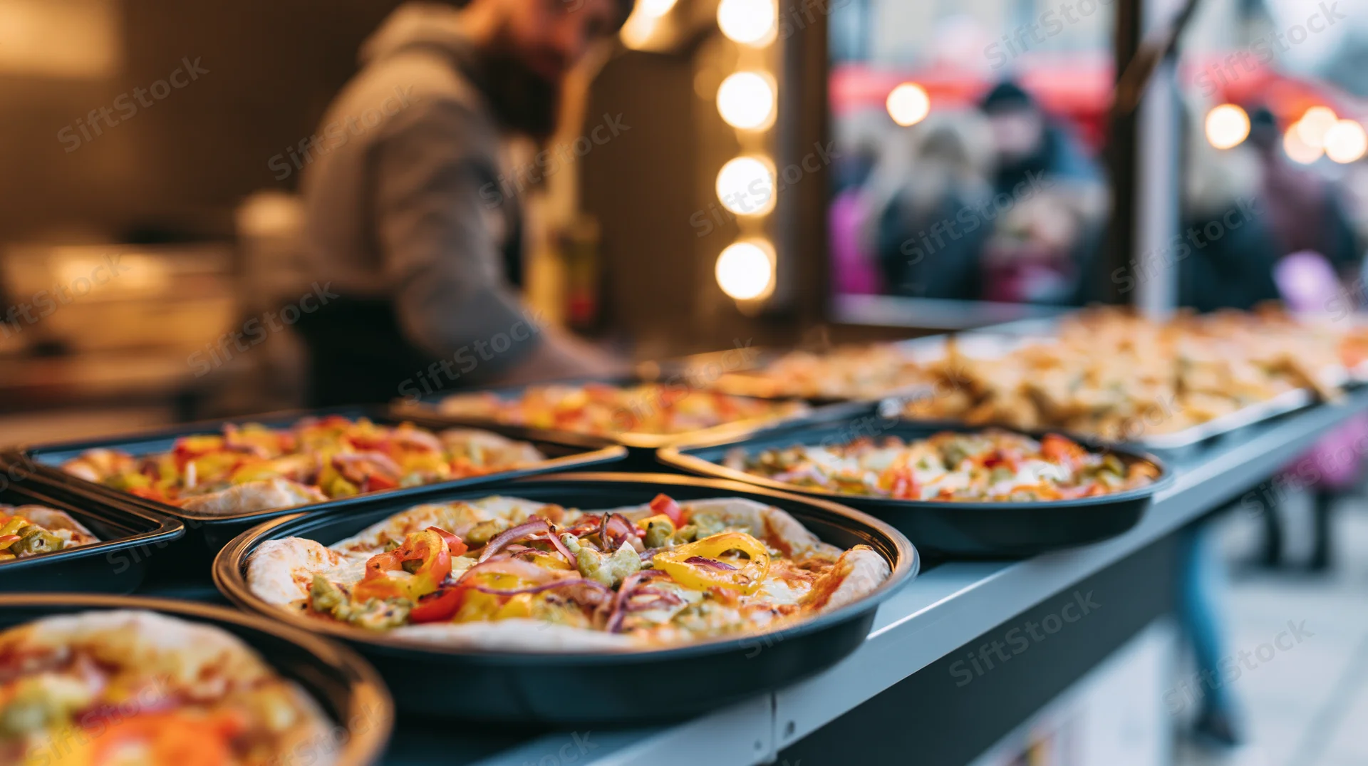 Pizzas and snacks arranged on a counter ledge at a street food stall